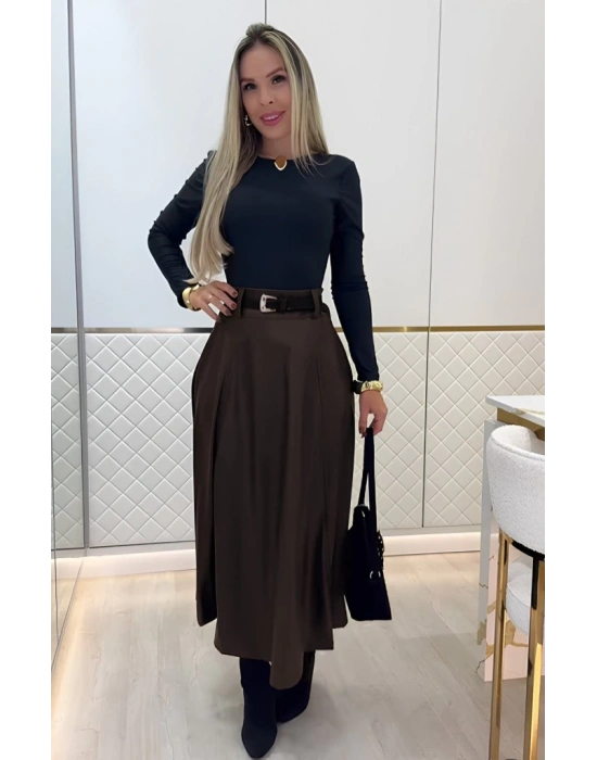 Kadın Yüksek Belli Maxi Deri Kemersiz Etek