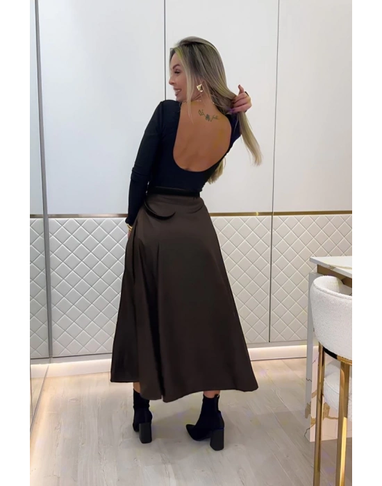 Kadın Yüksek Belli Maxi Deri Kemersiz Etek