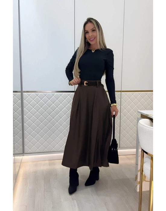 Kadın Yüksek Belli Maxi Deri Kemersiz Etek