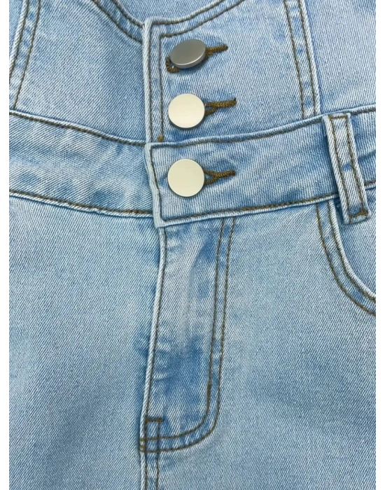 Kadın Yüksek Belli önden Düğmeli Yırtık Detaylı Kot Pantolon