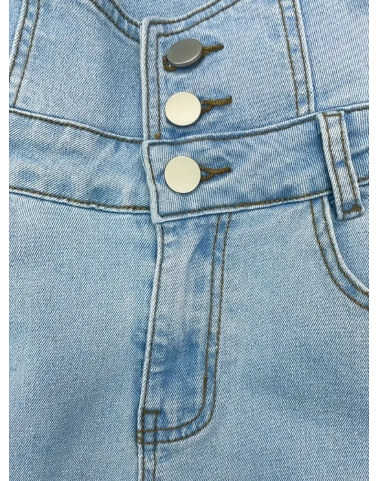 Kadın Yüksek Belli önden Düğmeli Yırtık Detaylı Kot Pantolon