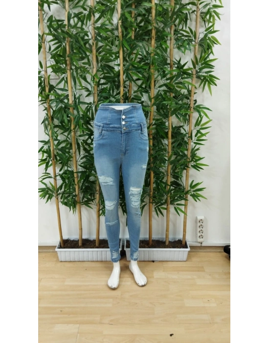 Kadın Yüksek Belli önden Düğmeli Yırtık Detaylı Kot Pantolon