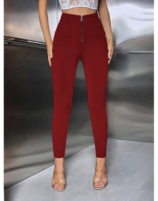 Kadın Yüksek Belli önden Fermuar Ve Nervur Detaylı Dalgıç Tayt