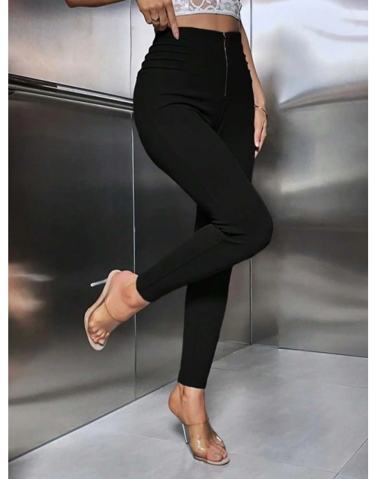 Kadın Yüksek Belli önden Fermuar Ve Nervur Detaylı Dalgıç Tayt