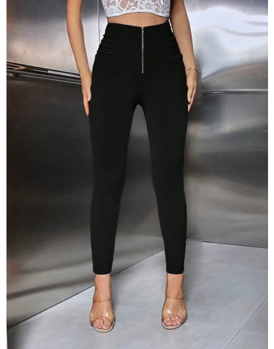 Kadın Yüksek Belli önden Fermuar Ve Nervur Detaylı Dalgıç Tayt