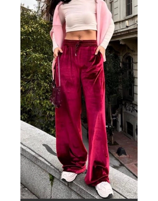 Kadın Yüksek Ben Beli astik Detay Kadife Kumaş Bol Paça Pantolon