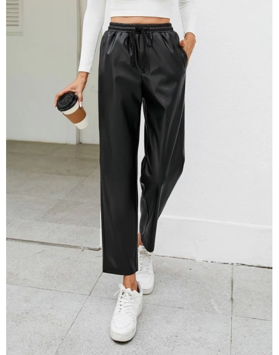 Kadın Yüksel Bel Bağcıklı Deri Pantolon