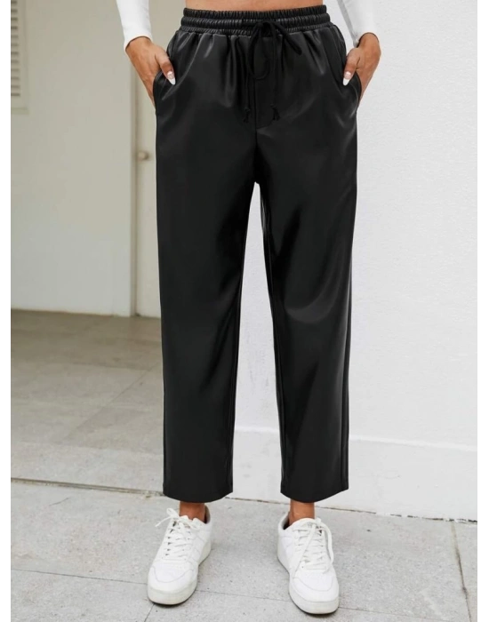 Kadın Yüksel Bel Bağcıklı Deri Pantolon