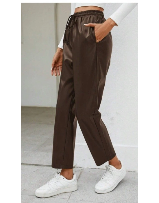 Kadın Yüksel Bel Bağcıklı Deri Pantolon