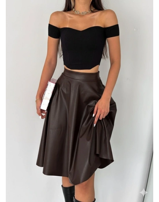 Kadın Yüksel Bel Deri Kloş Etek