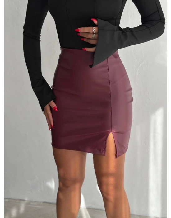 Kadın Yüksel Bel Yırtmaç Detay ini Deri Etek