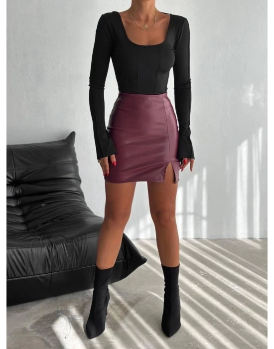 Kadın Yüksel Bel Yırtmaç Detay ini Deri Etek