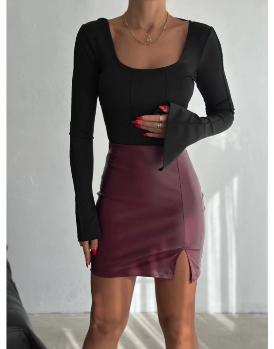 Kadın Yüksel Bel Yırtmaç Detay ini Deri Etek