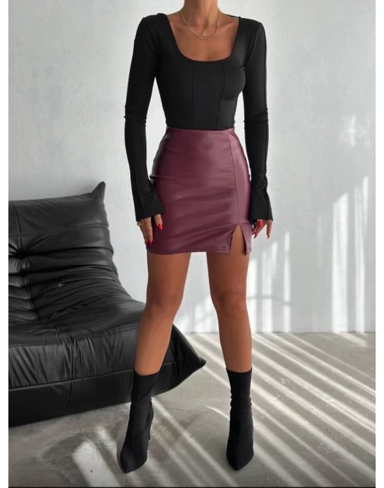 Kadın Yüksel Bel Yırtmaç Detay ini Deri Etek