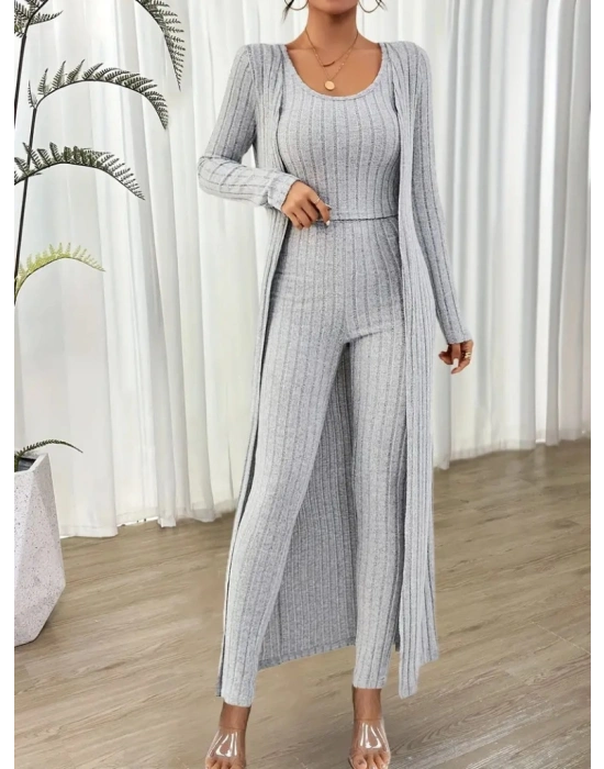 Kadın Yuvarlak Yaka Askılı Krop Bluz Yüksek Bel Tayt Ve Uzun Hırka şardonlu Kaşkorse üçlü Takım