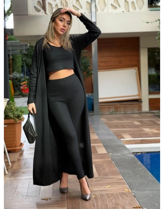 Kadın Yuvarlak Yaka Askılı Krop Bluz Yüksek Bel Tayt Ve Uzun Hırka şardonlu Kaşkorse üçlü Takım