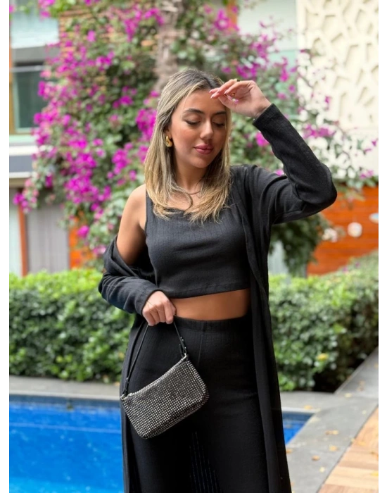 Kadın Yuvarlak Yaka Askılı Krop Bluz Yüksek Bel Tayt Ve Uzun Hırka şardonlu Kaşkorse üçlü Takım