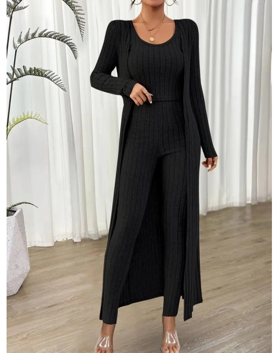 Kadın Yuvarlak Yaka Askılı Krop Bluz Yüksek Bel Tayt Ve Uzun Hırka şardonlu Kaşkorse üçlü Takım