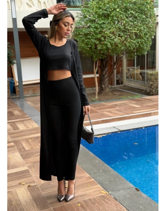 Kadın Yuvarlak Yaka Askılı Krop Bluz Yüksek Bel Tayt Ve Uzun Hırka şardonlu Kaşkorse üçlü Takım