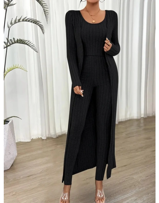 Kadın Yuvarlak Yaka Askılı Krop Bluz Yüksek Bel Tayt Ve Uzun Hırka şardonlu Kaşkorse üçlü Takım