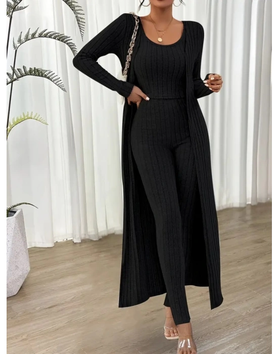 Kadın Yuvarlak Yaka Askılı Krop Bluz Yüksek Bel Tayt Ve Uzun Hırka şardonlu Kaşkorse üçlü Takım