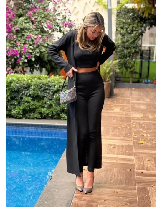 Kadın Yuvarlak Yaka Askılı Krop Bluz Yüksek Bel Tayt Ve Uzun Hırka şardonlu Kaşkorse üçlü Takım