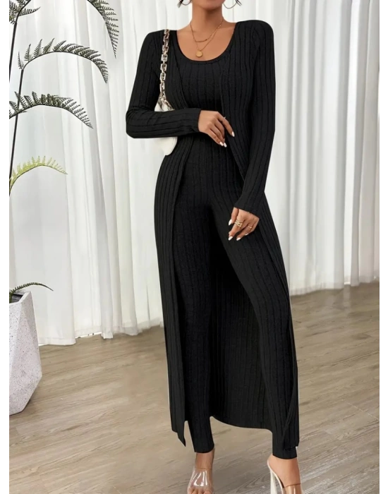 Kadın Yuvarlak Yaka Askılı Krop Bluz Yüksek Bel Tayt Ve Uzun Hırka şardonlu Kaşkorse üçlü Takım