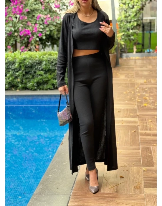 Kadın Yuvarlak Yaka Askılı Krop Bluz Yüksek Bel Tayt Ve Uzun Hırka şardonlu Kaşkorse üçlü Takım