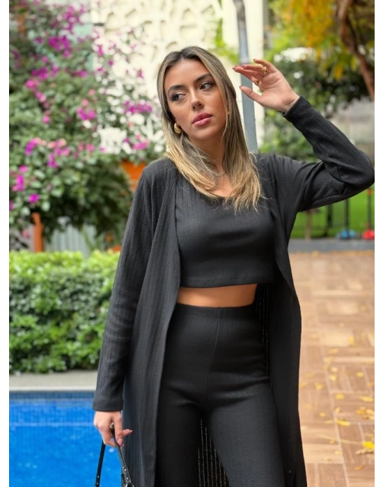 Kadın Yuvarlak Yaka Askılı Krop Bluz Yüksek Bel Tayt Ve Uzun Hırka şardonlu Kaşkorse üçlü Takım