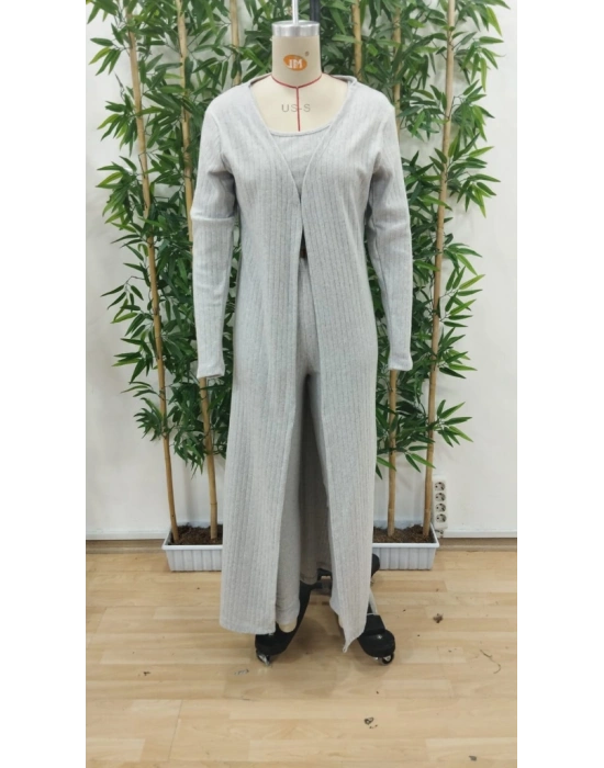 Kadın Yuvarlak Yaka Askılı Krop Bluz Yüksek Bel Tayt Ve Uzun Hırka şardonlu Kaşkorse üçlü Takım