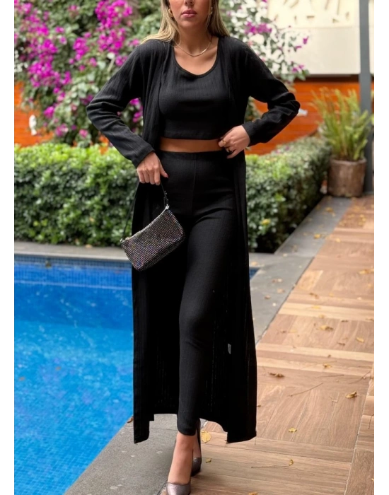 Kadın Yuvarlak Yaka Askılı Krop Bluz Yüksek Bel Tayt Ve Uzun Hırka şardonlu Kaşkorse üçlü Takım