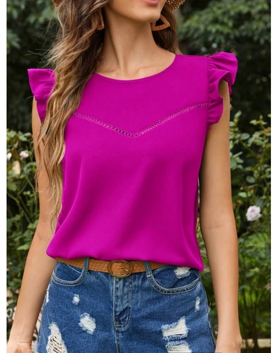 Kadın Yuvarlak Yaka Kolları Fırfırlı Krep Bluz