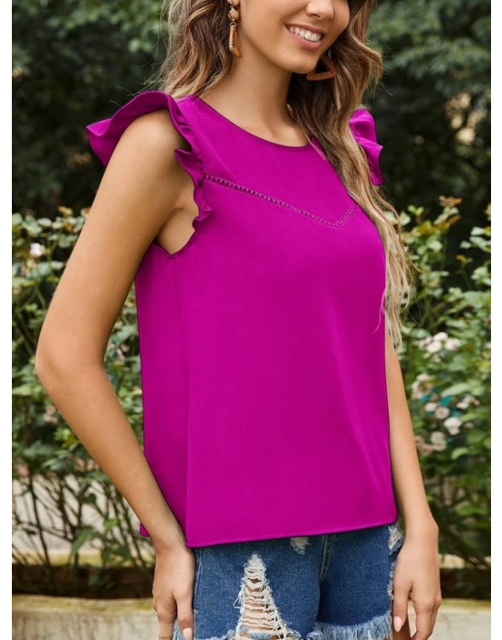 Kadın Yuvarlak Yaka Kolları Fırfırlı Krep Bluz