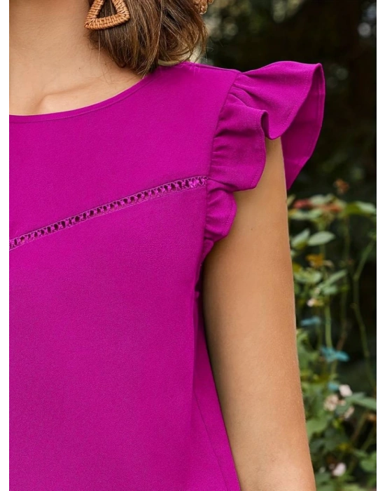 Kadın Yuvarlak Yaka Kolları Fırfırlı Krep Bluz