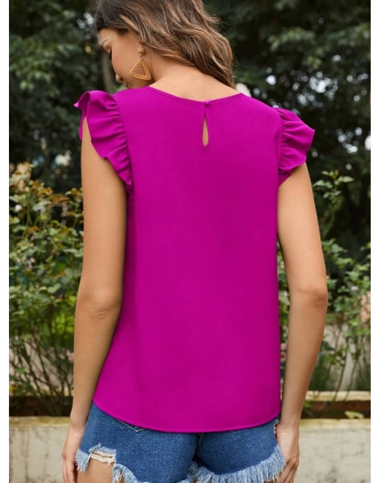 Kadın Yuvarlak Yaka Kolları Fırfırlı Krep Bluz