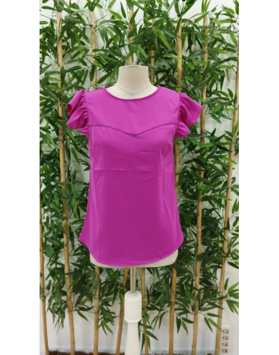 Kadın Yuvarlak Yaka Kolları Fırfırlı Krep Bluz