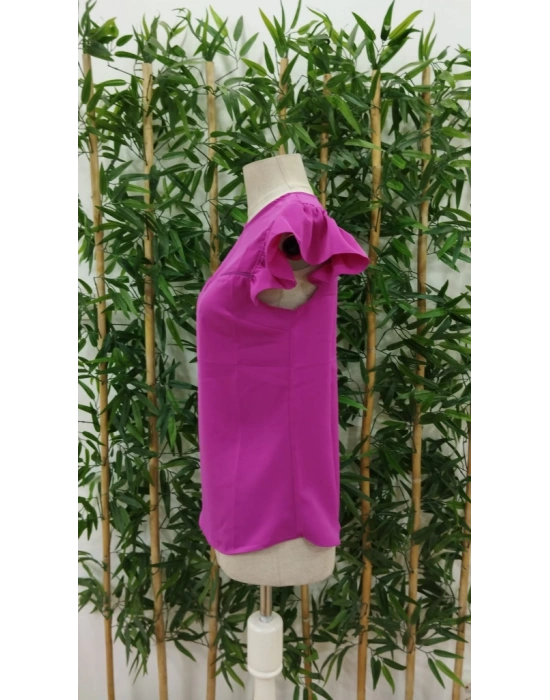 Kadın Yuvarlak Yaka Kolları Fırfırlı Krep Bluz