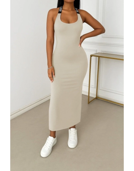 Kadın Yuvarlak Yaka Sırttan çapraz şerit Love Detaylı Yırtmaçlı Viskon Elbise