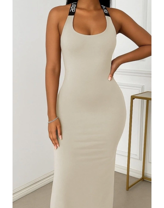 Kadın Yuvarlak Yaka Sırttan çapraz şerit Love Detaylı Yırtmaçlı Viskon Elbise