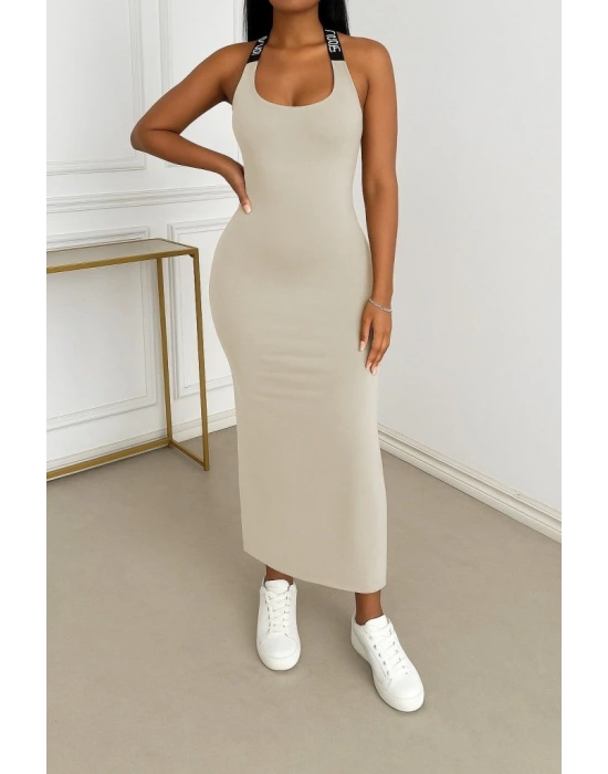 Kadın Yuvarlak Yaka Sırttan çapraz şerit Love Detaylı Yırtmaçlı Viskon Elbise