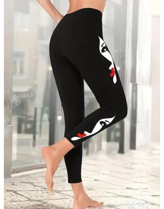 Kadın Yüz Baskılı Dalgıç Kumaş Tayt