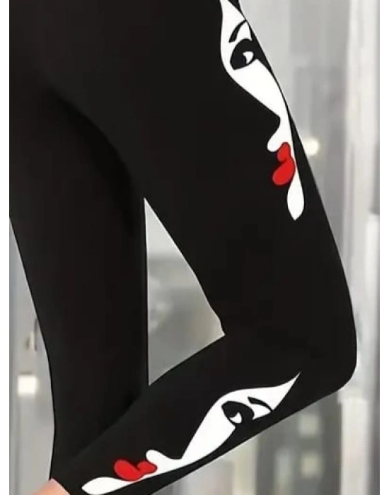 Kadın Yüz Baskılı Dalgıç Kumaş Tayt