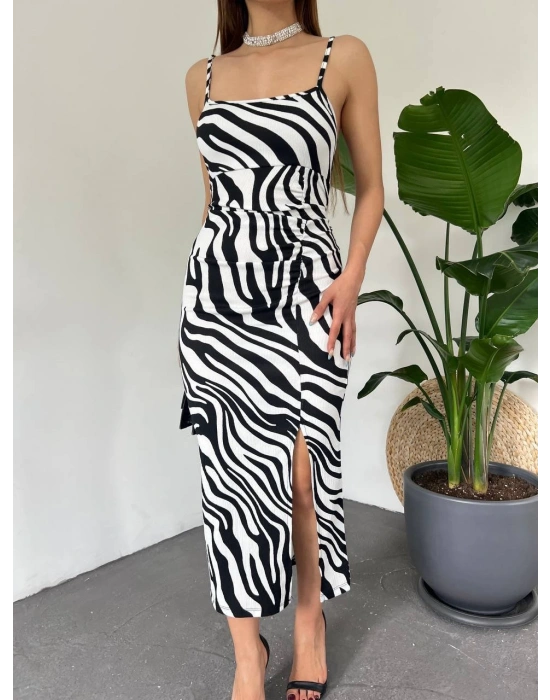 Kadın Zebra Baskılı Omuz Askılı ırt Dekolteli Yırtmaç Detay Elbise
