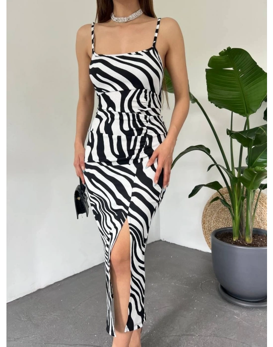 Kadın Zebra Baskılı Omuz Askılı ırt Dekolteli Yırtmaç Detay Elbise
