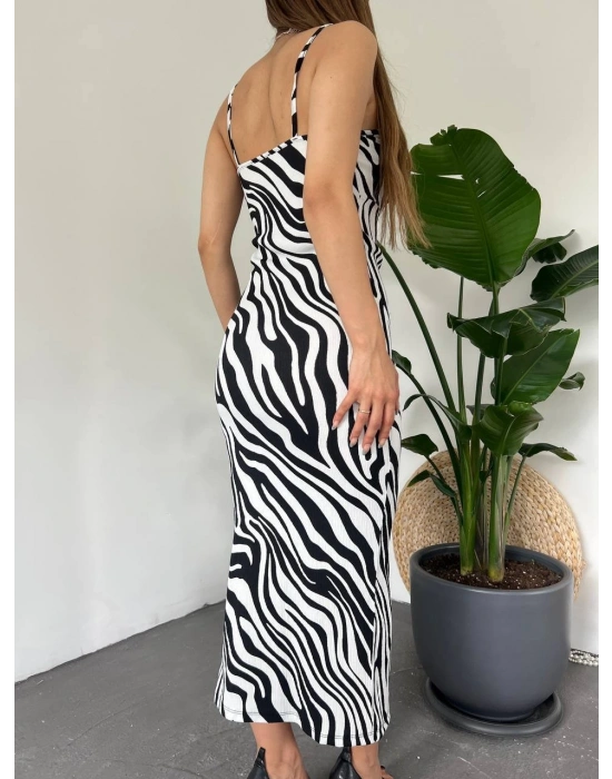 Kadın Zebra Baskılı Omuz Askılı ırt Dekolteli Yırtmaç Detay Elbise