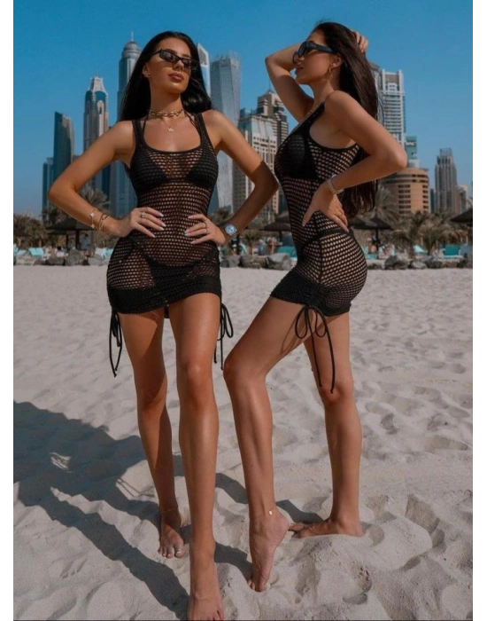 Kadınaskılı Eteği Büzgü Bağlama Detay Delikli örme Triko Pareo Elbise