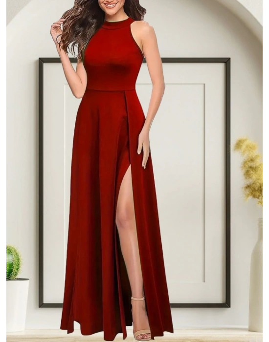 Kadınhalter Yaka Derin Yırtmaç Detaylı Tam Boy Ithal Krep Abiye Elbise