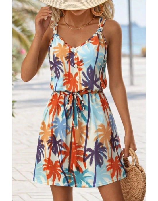 Kadını Askılı V Yakalı Duğme Detaylı Desenli Kısa Süprem Elbise