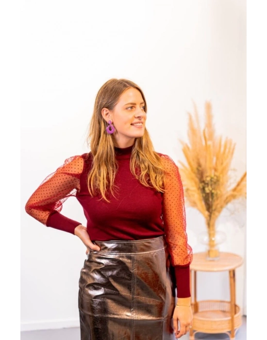 Kadınkolu Tül Detaylı Yarım Balıkçı Kaşkorse Bluz