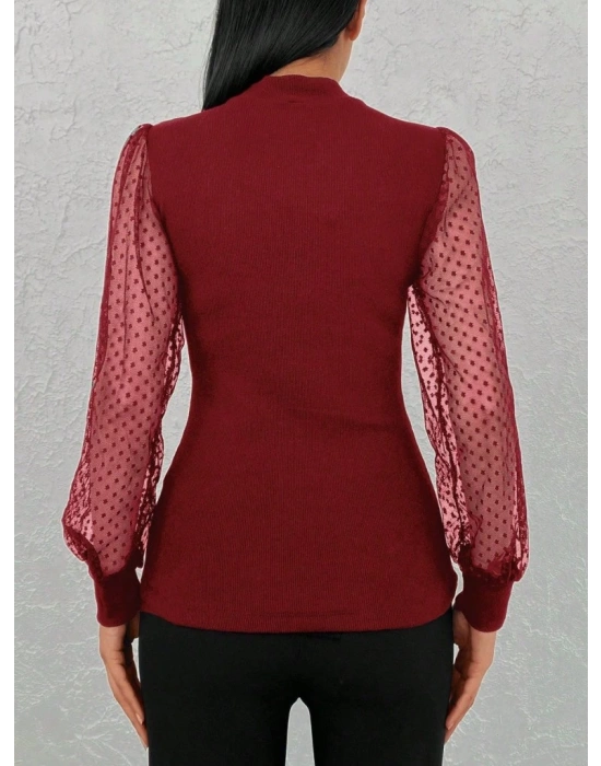 Kadınkolu Tül Detaylı Yarım Balıkçı Kaşkorse Bluz